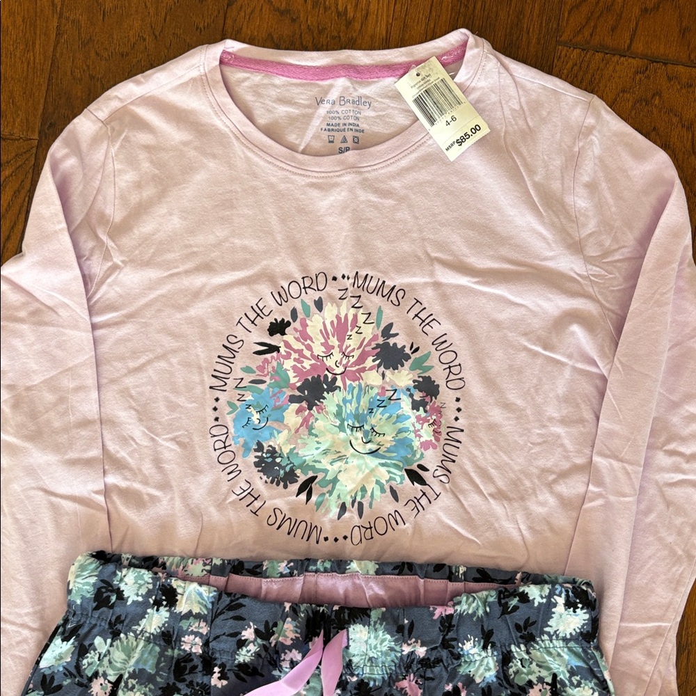 NWT Vera Bradley Floral Pajamas Set - Pink and Blue Mums the word size small - Picture 2 of 4
